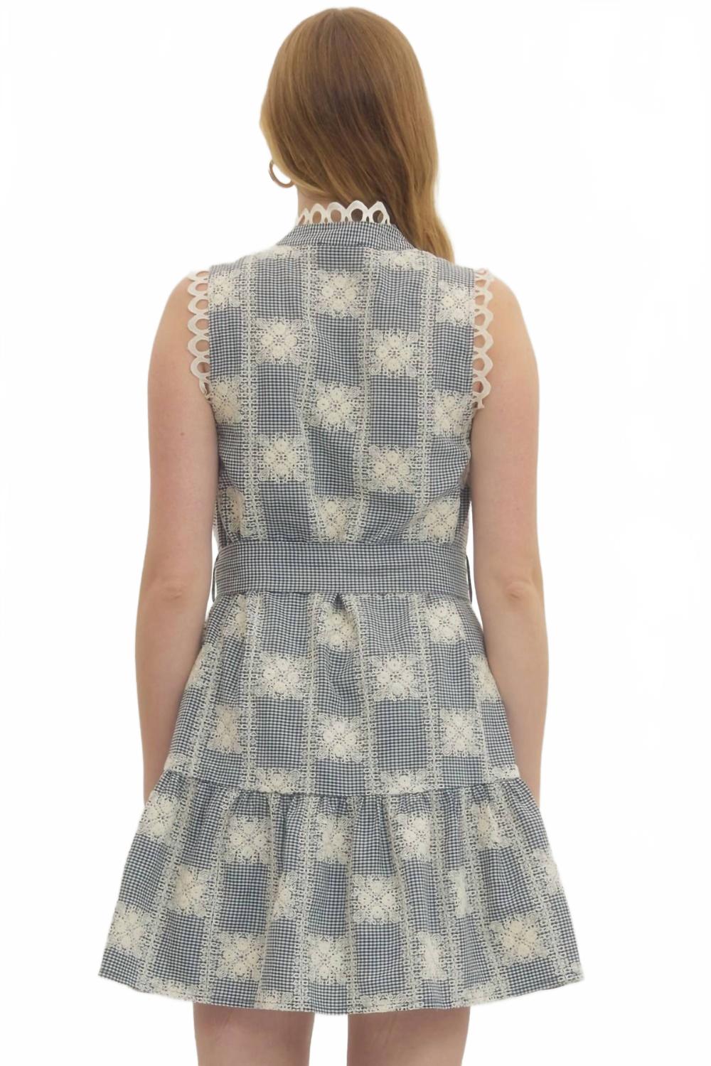 Lacy And Gingham Sleeveless Mini Dress In Navy Blue