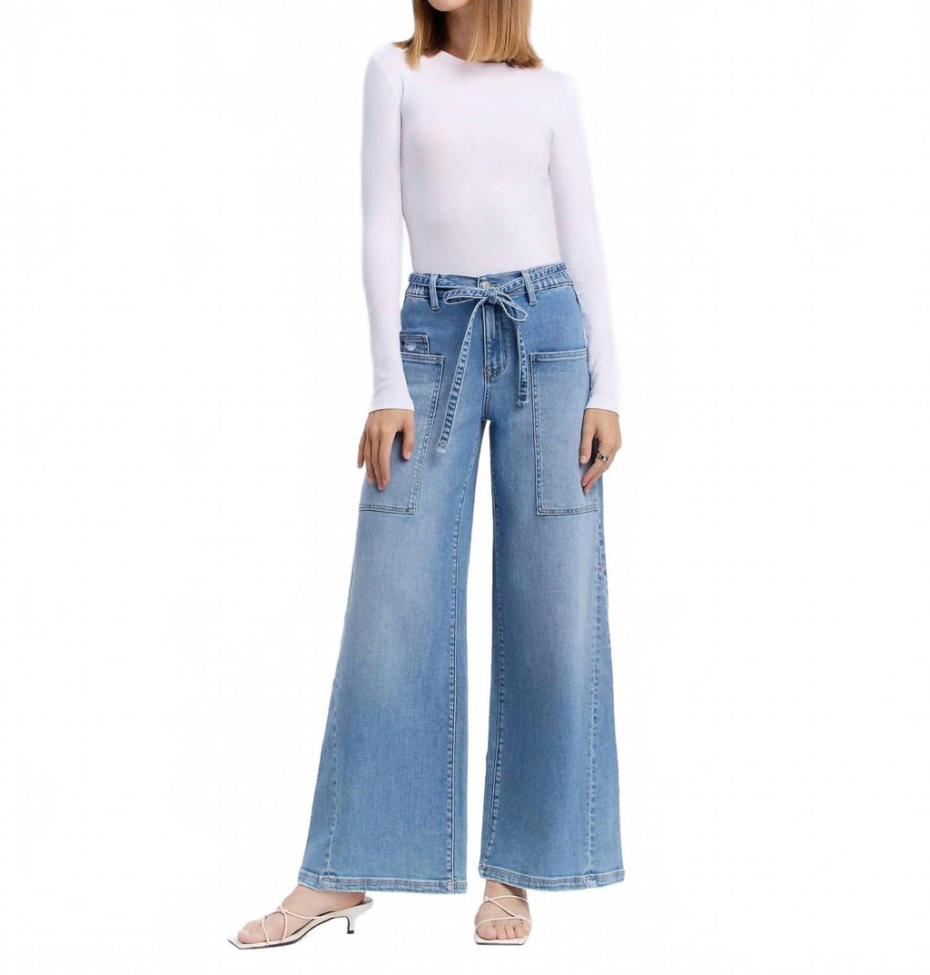 Carmen High Rise Elastic Tie Waistband Baggy Wide Jeans In Light Wash