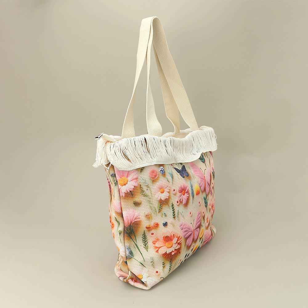 Butterfly Pattern Print Large Woven Frayed Shoulder Tote Bag