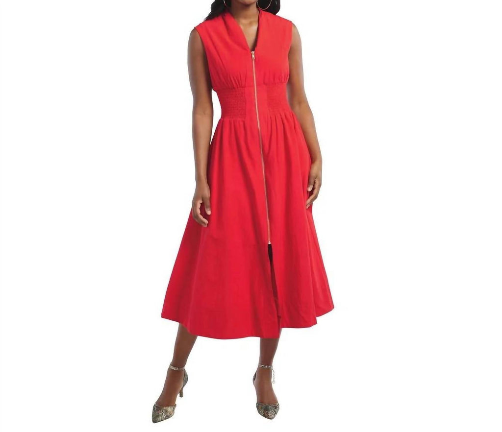 Smocked Waist Midi Dress In Red
