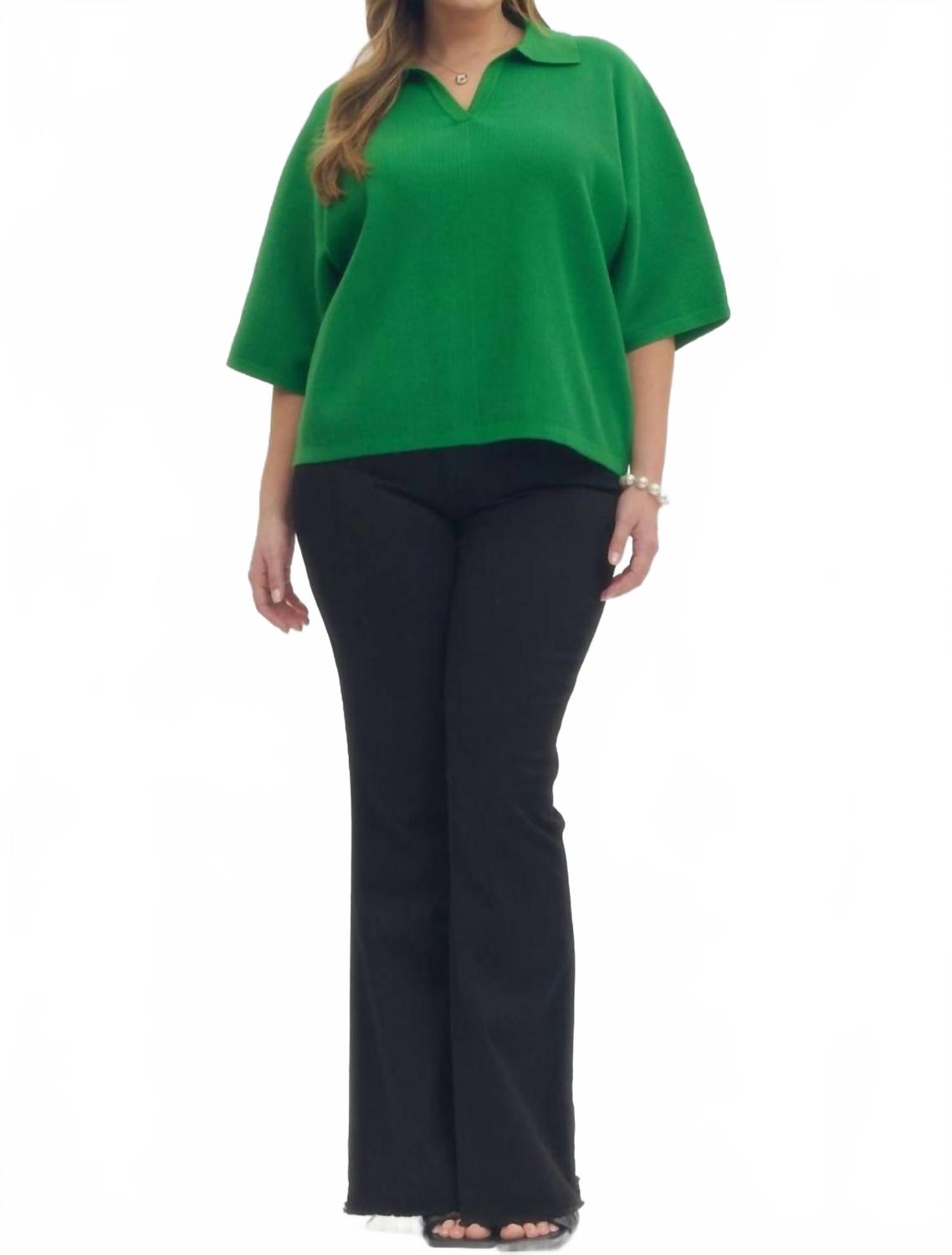 Solid V-Neck Collared Top In Green
