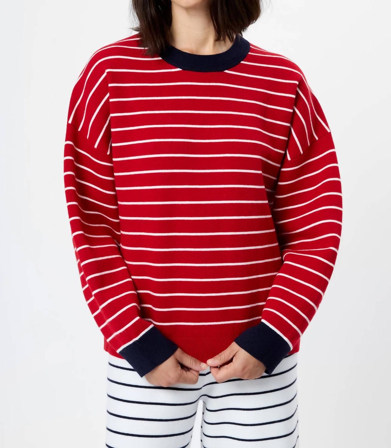 Marley Knit Striped Crew Neck Sweater In Crimson Red/ White