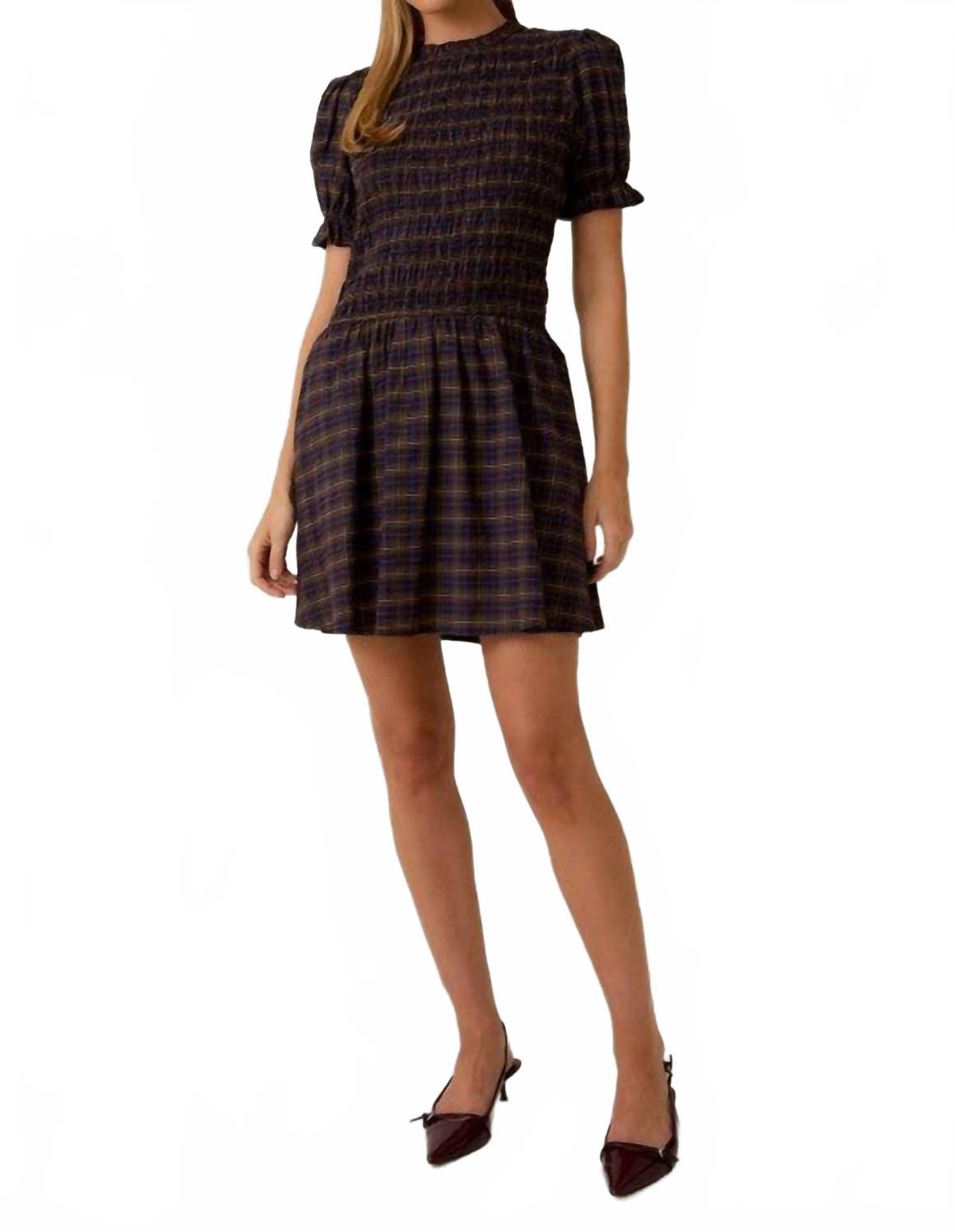Mock Neck Smocked Mini Dress In Navy Multi