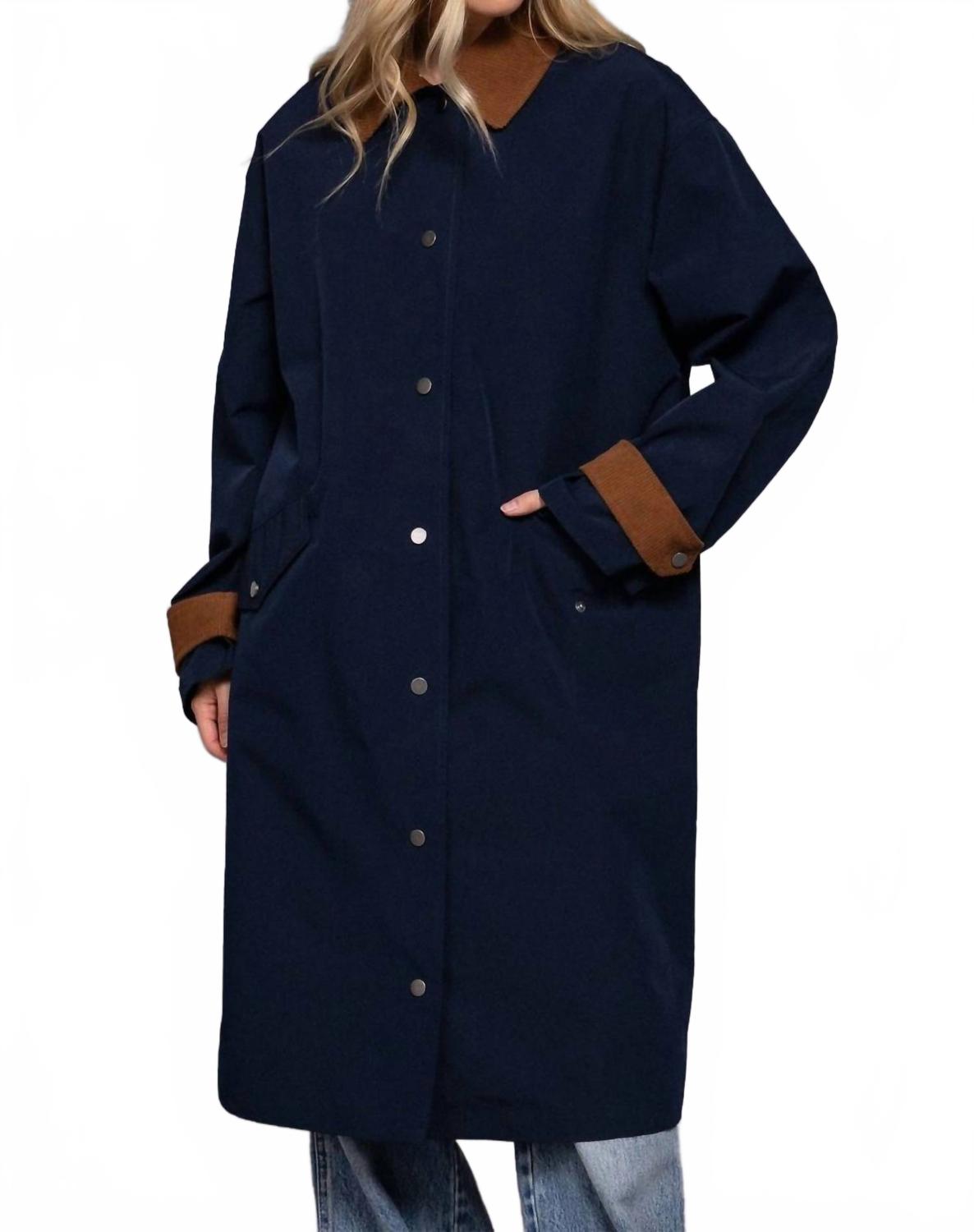 Long Sleeve Contrast Collar Button Down Trench Coat In Navy