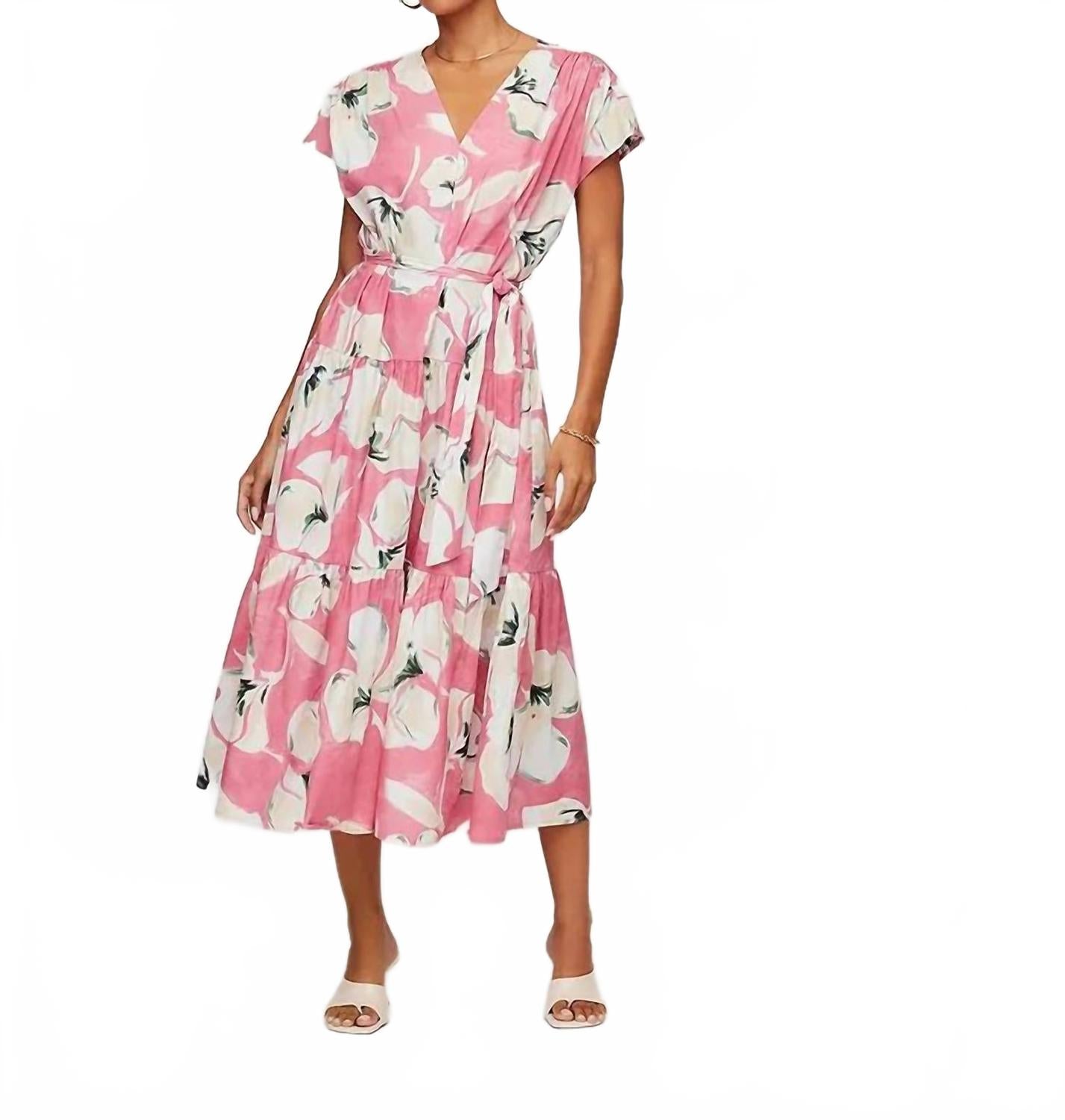 Kristine Tiered Front Slit Midi Dress In Pink Floral
