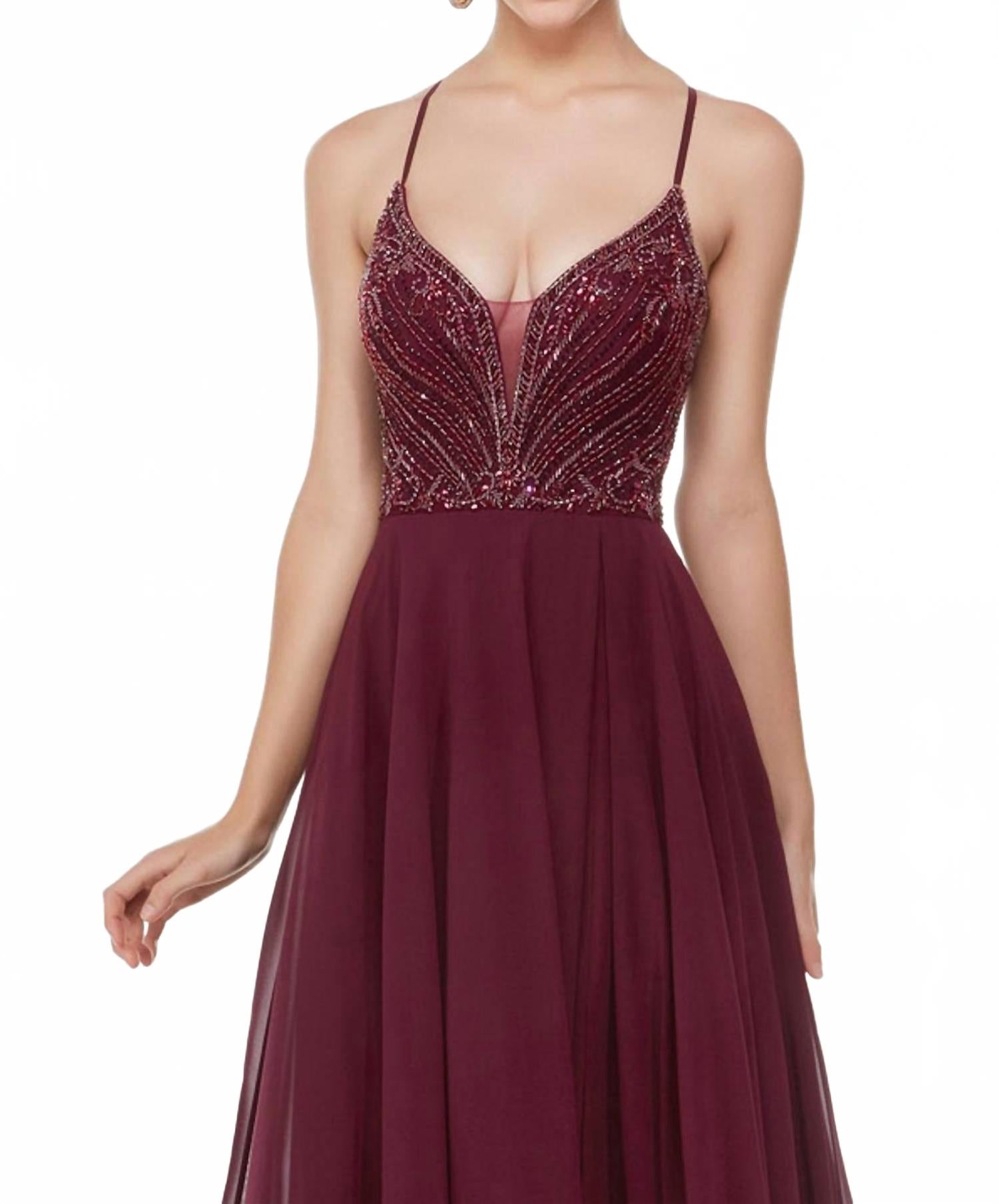 A-Line Plunging Neckline Gown In Black Cherry