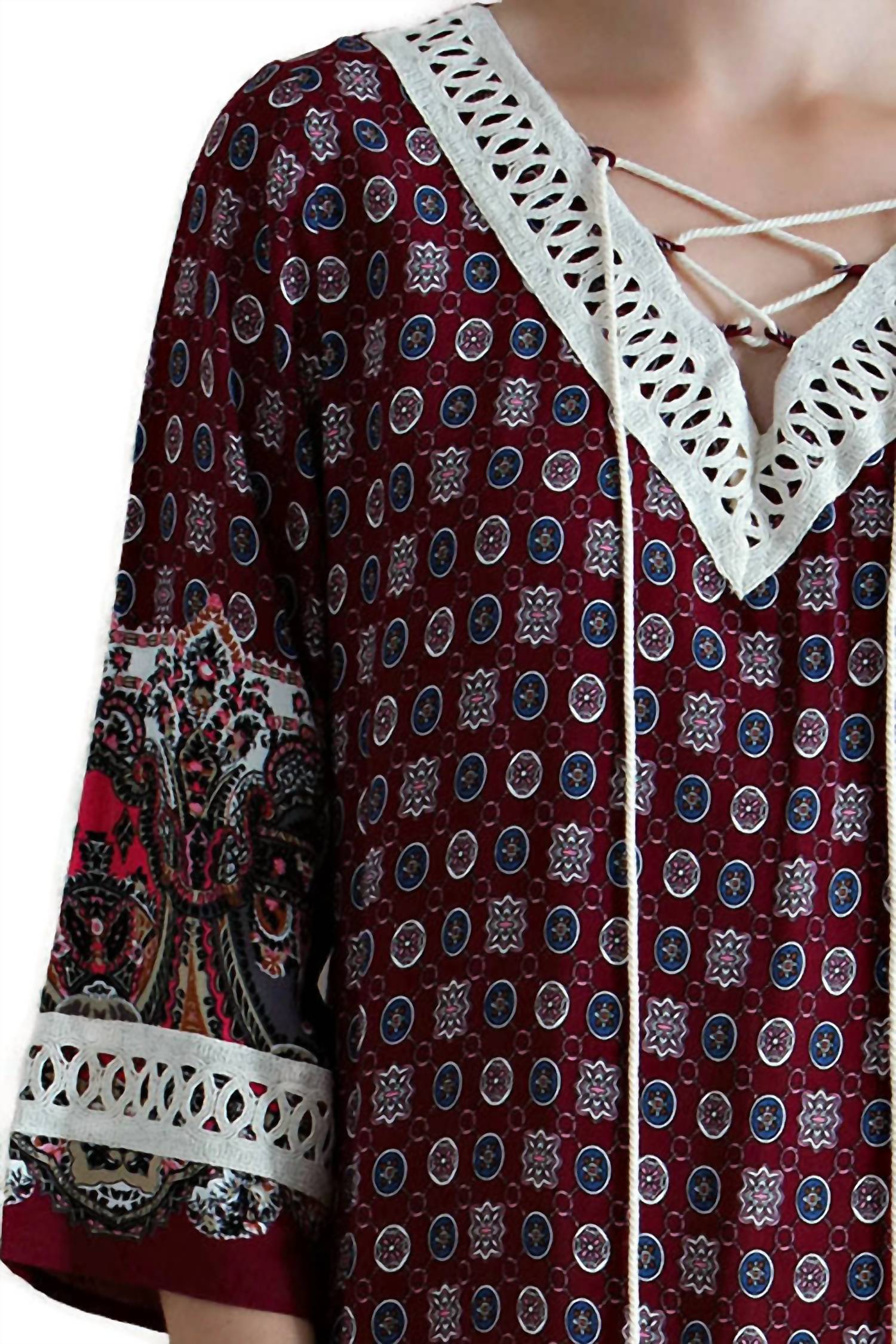Border Print Tassel Tie Mini Dress In Burgundy