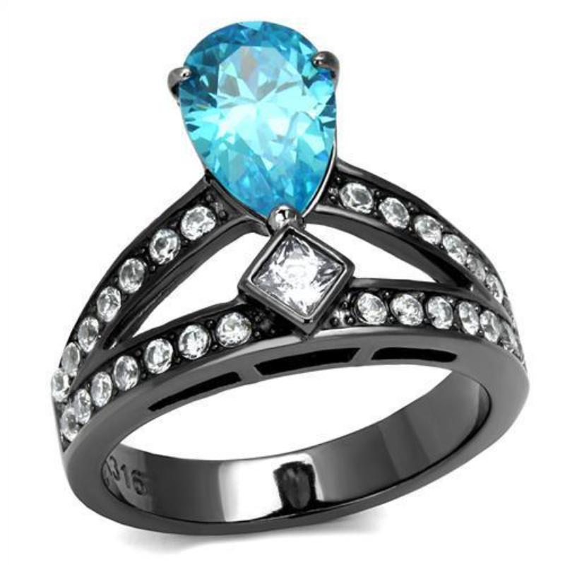 IP Light Black Stainless Steel Ring with AAA Grade CZ in Sea Blue