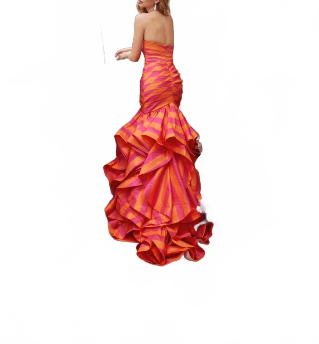 Striped Ruffle Mermaid Prom Dress In Orange Pink