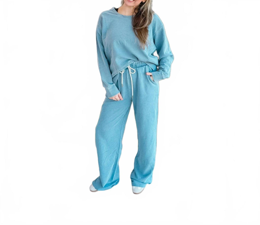 Terry Denim Drawstring Pants In Blue