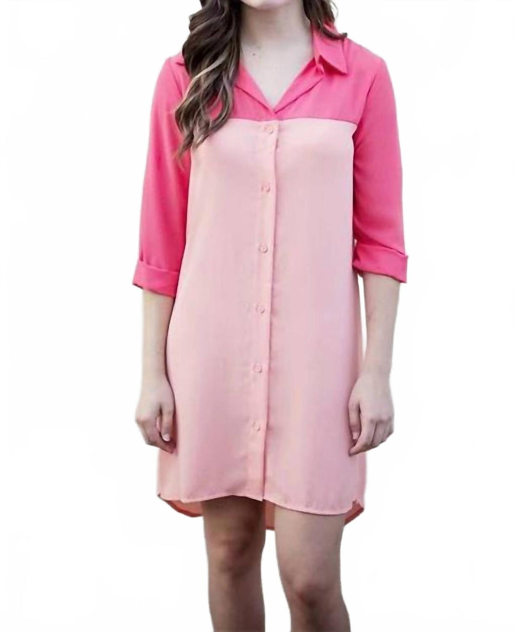 Color Block Shirt Dress In Coral