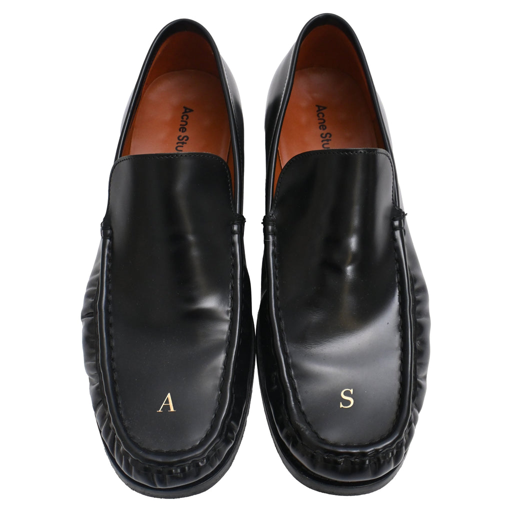 Acne Studios Logo Debossed Loafers in Black Calf Leather
