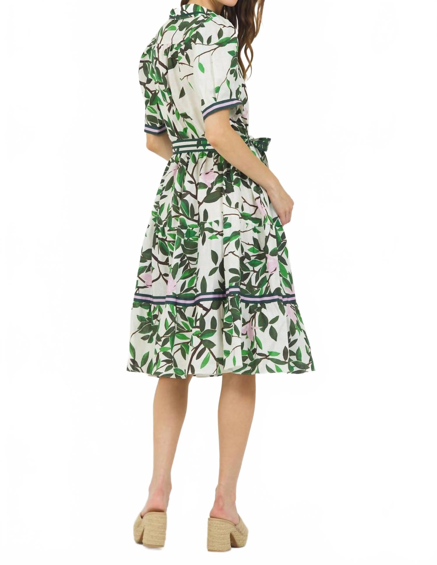 Magnolia Print Short Sleeve Button Closure Belted Shirt Dress In Green