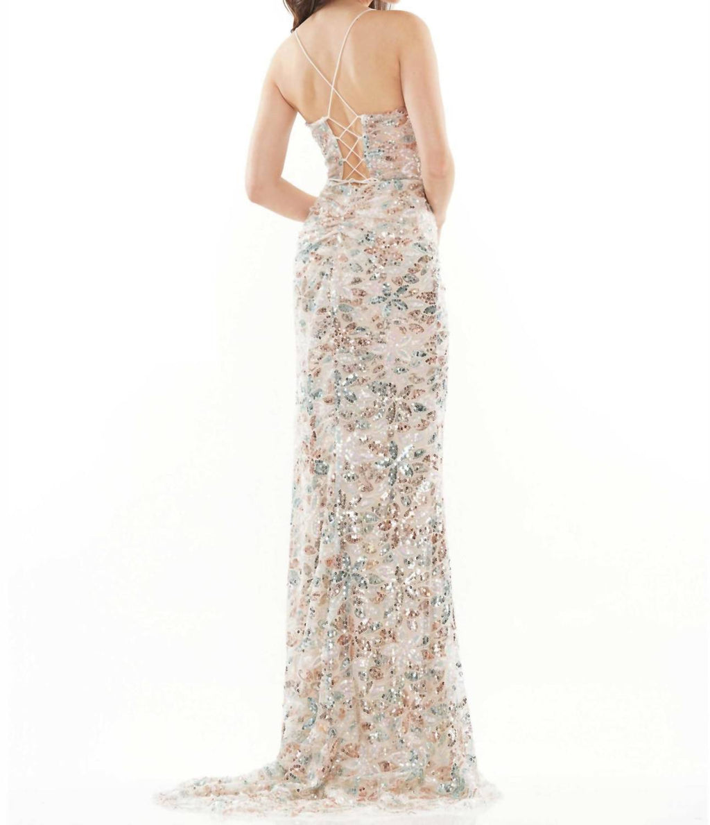 Sequin Mermaid Evening Gown In Gold Turquoise