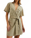 Natalie Sleek Tie-Belt Dress In Beige