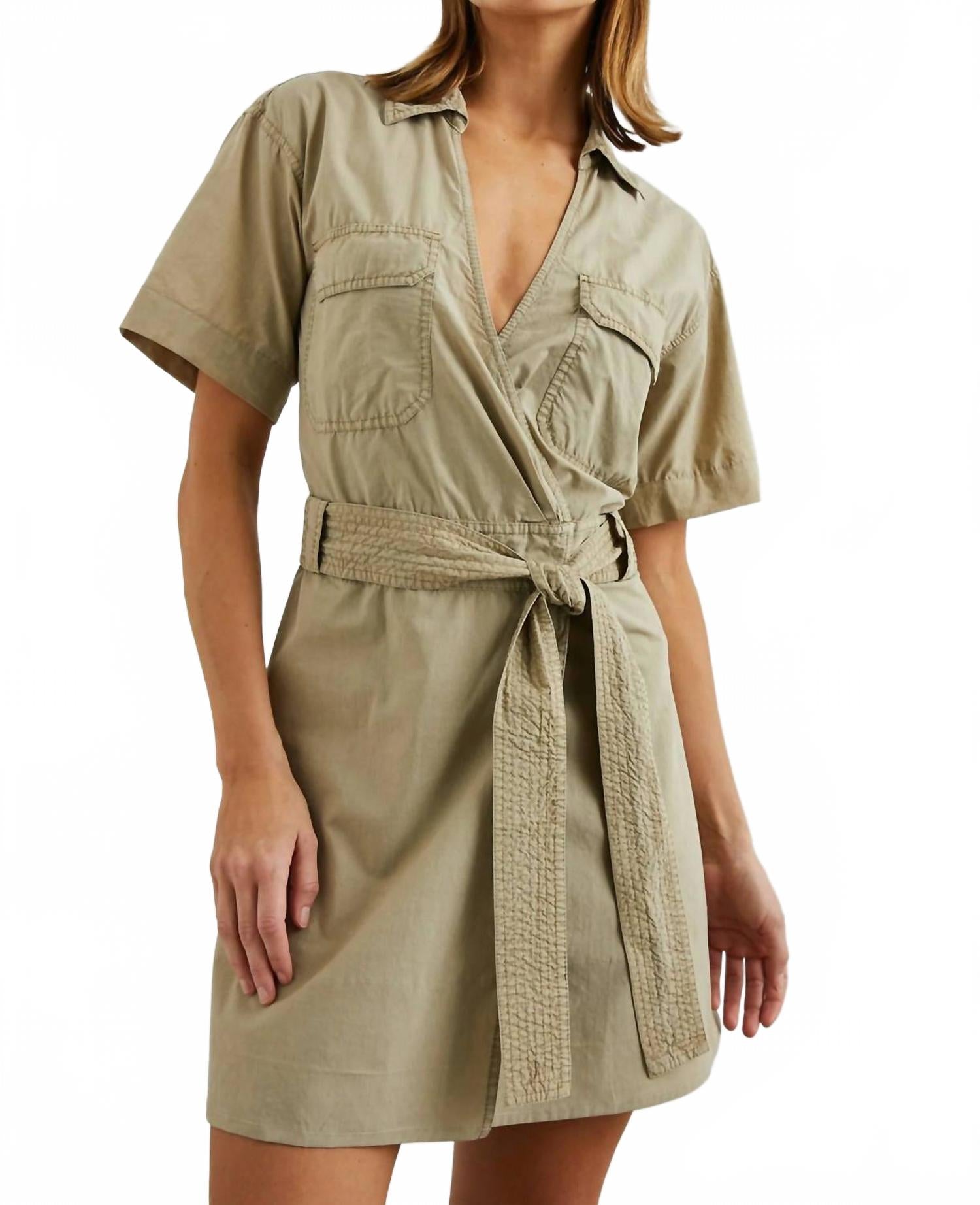 Natalie Sleek Tie-Belt Dress In Beige