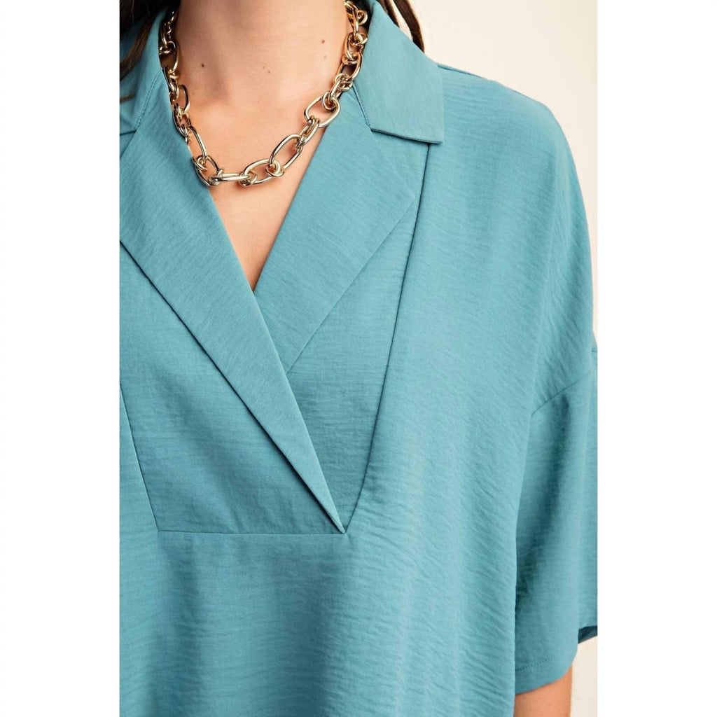 V-Neck Collared Pop Over Top In Teal