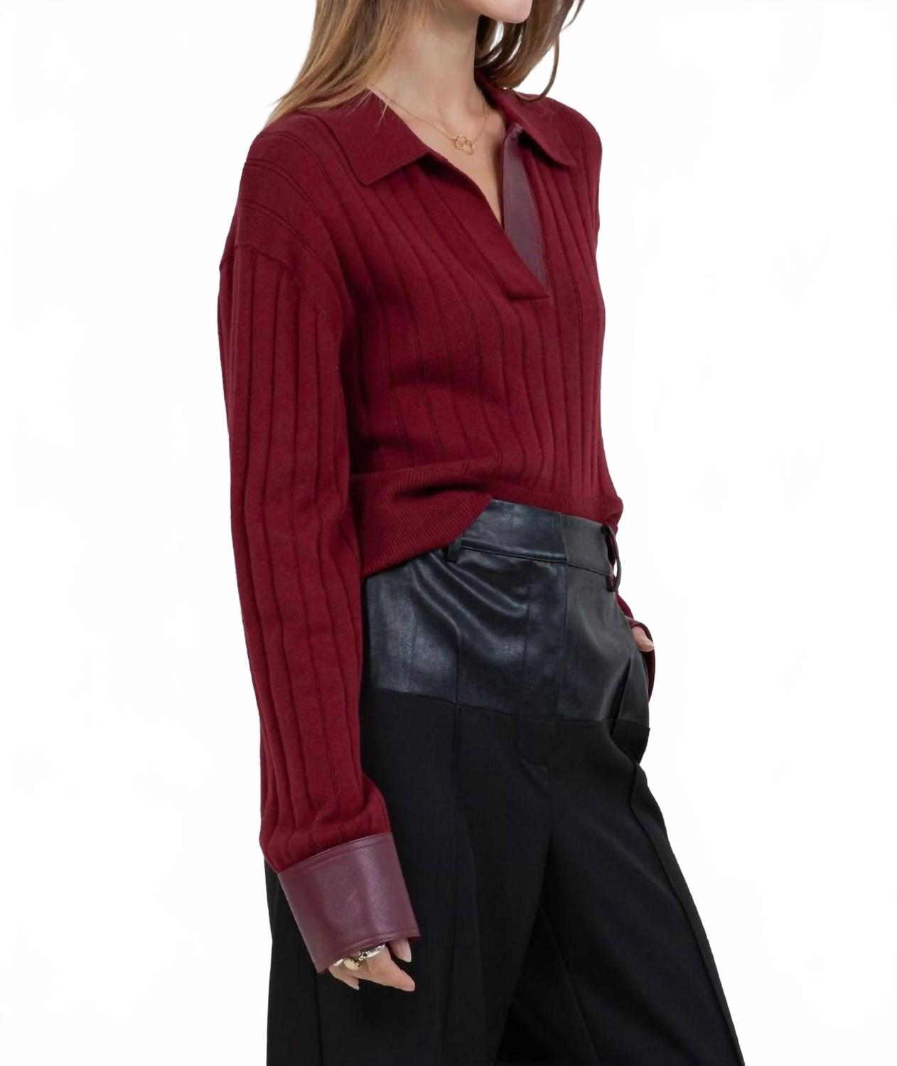 Contrast Knitted Long Sleeve Sweater In Burgundy