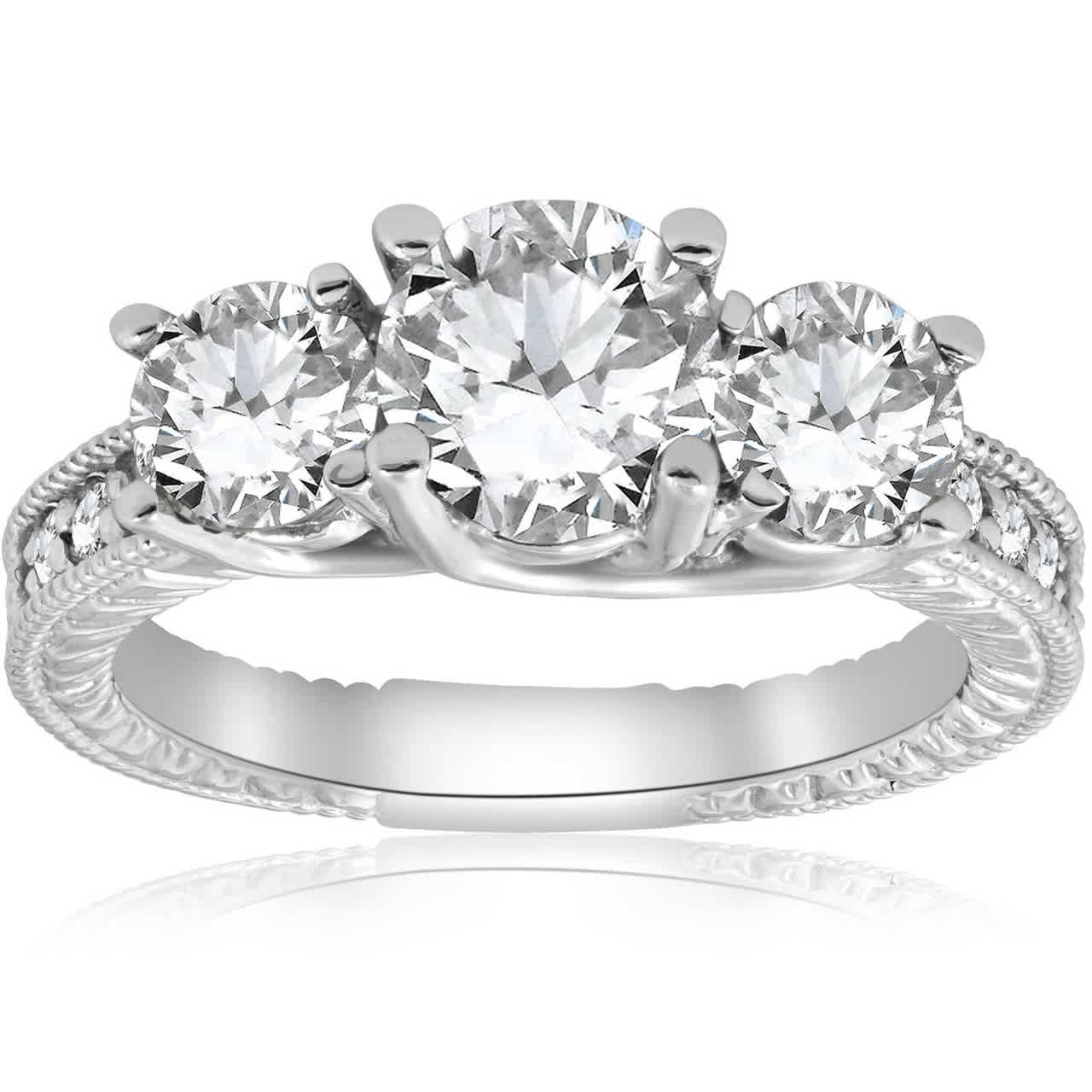 2 1/2ct Vintage 3-Stone Lab Grown Diamond Engagement Ring 14K White Gold Size Selectable