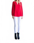 Textured Top With A Collarless Neckline & Long Bubble Sleeves In Tomato Red