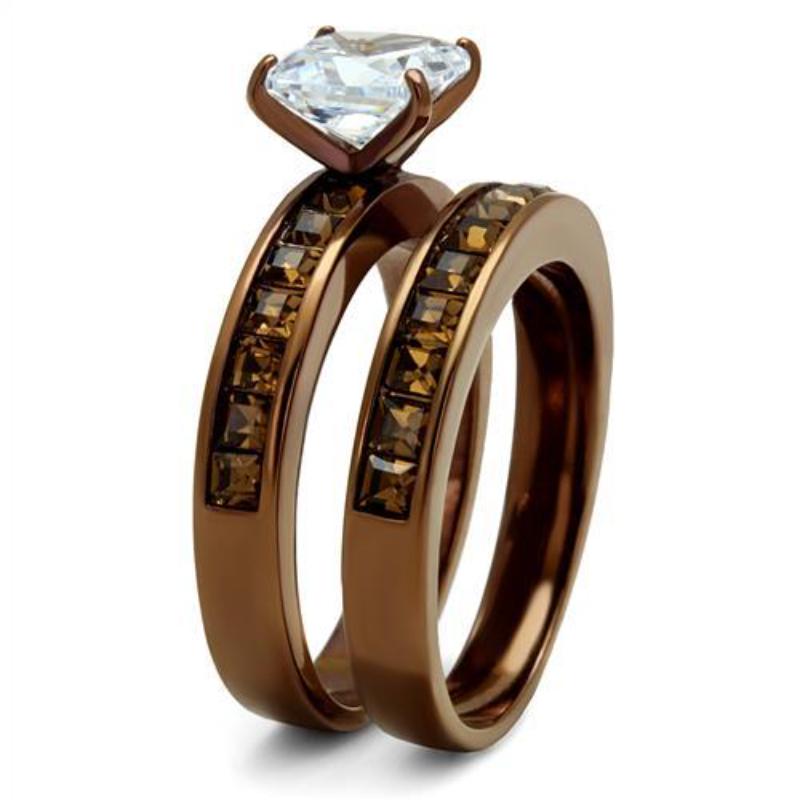 IP Coffee light Stainless Steel Ring with AAA Grade CZ in Clear