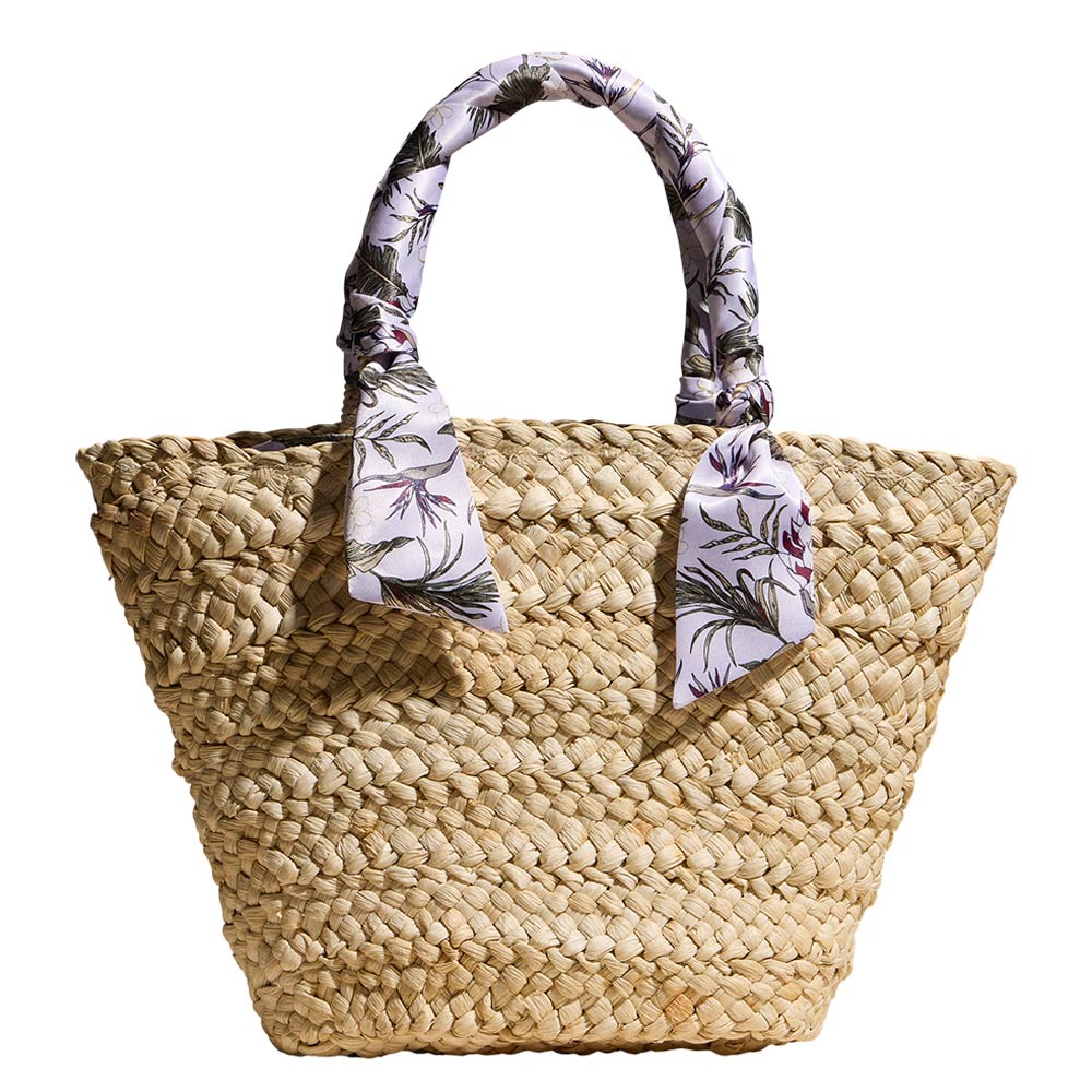 Floral Print Fabric Scarf Wrapped Handle Raffia Tote Bag