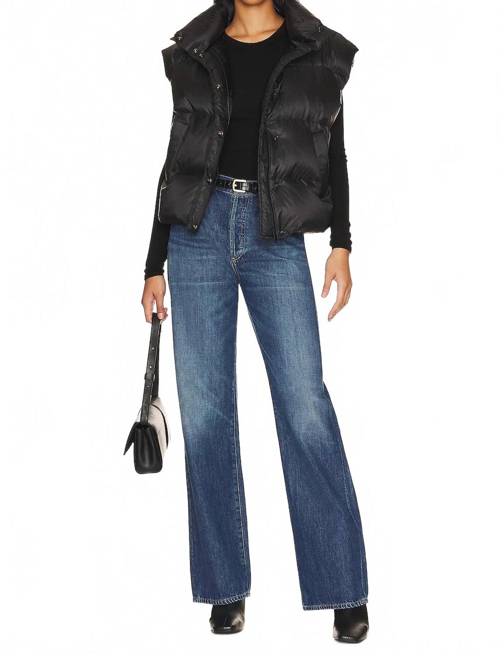Slit Neck Long Sleeve Crew Top In Black