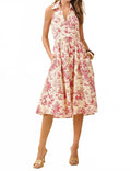 Abstract Print V-Neck Halter Midi Dress In Burgundy