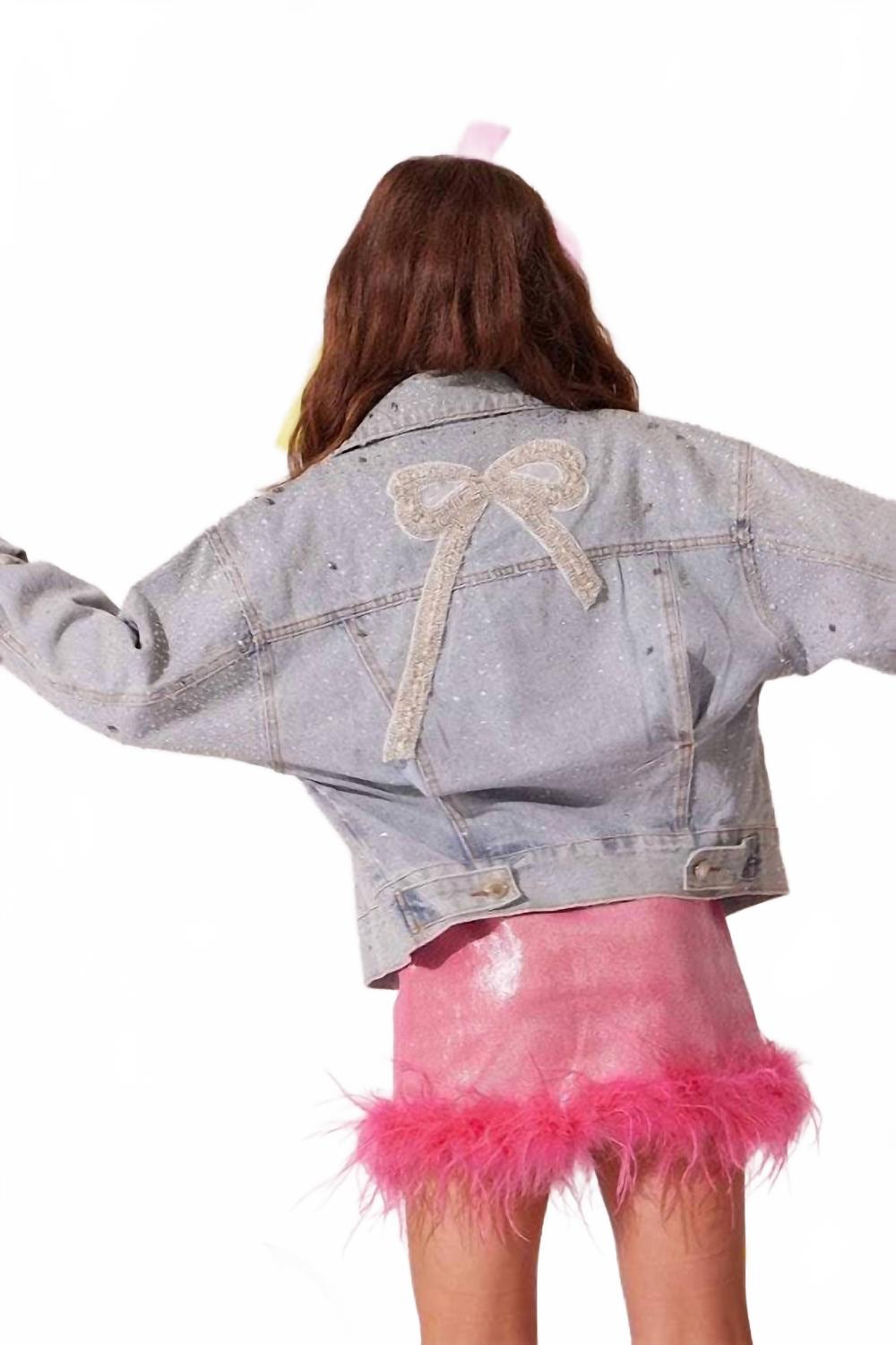 Crystal Bow Jacket In Light Washed Denim