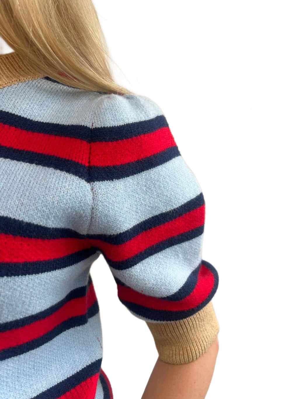 Scottie Striped Knit Sweater In Blue, Red And Tan