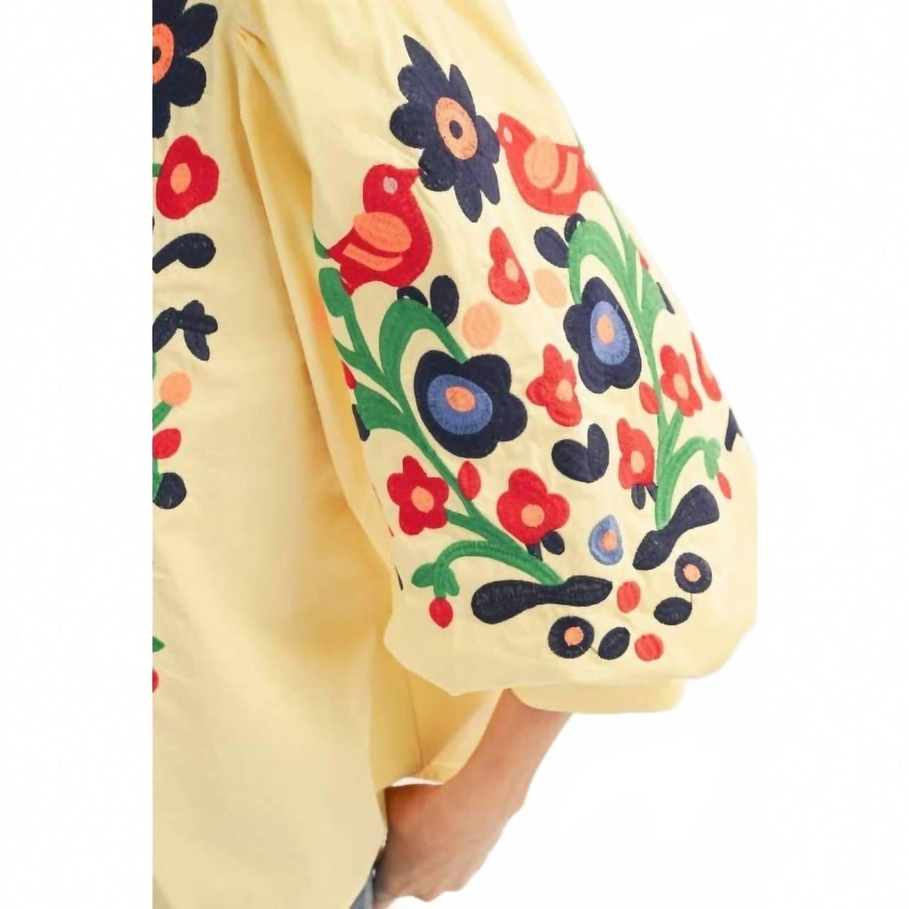 Embroidered V-Neck Woven Top In Banana Yellow