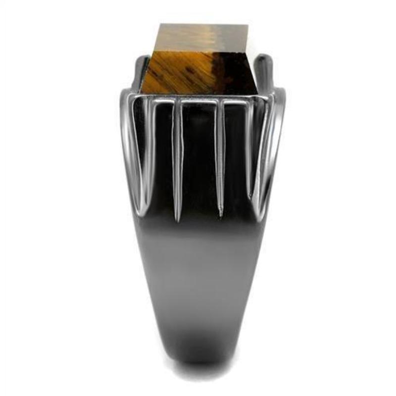 IP Light Black Stainless Steel Ring with Synthetic Tiger Eye in Topaz