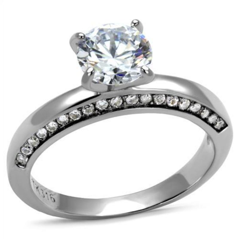 High polished (no plating) Stainless Steel Ring with AAA Grade CZ in Clear
