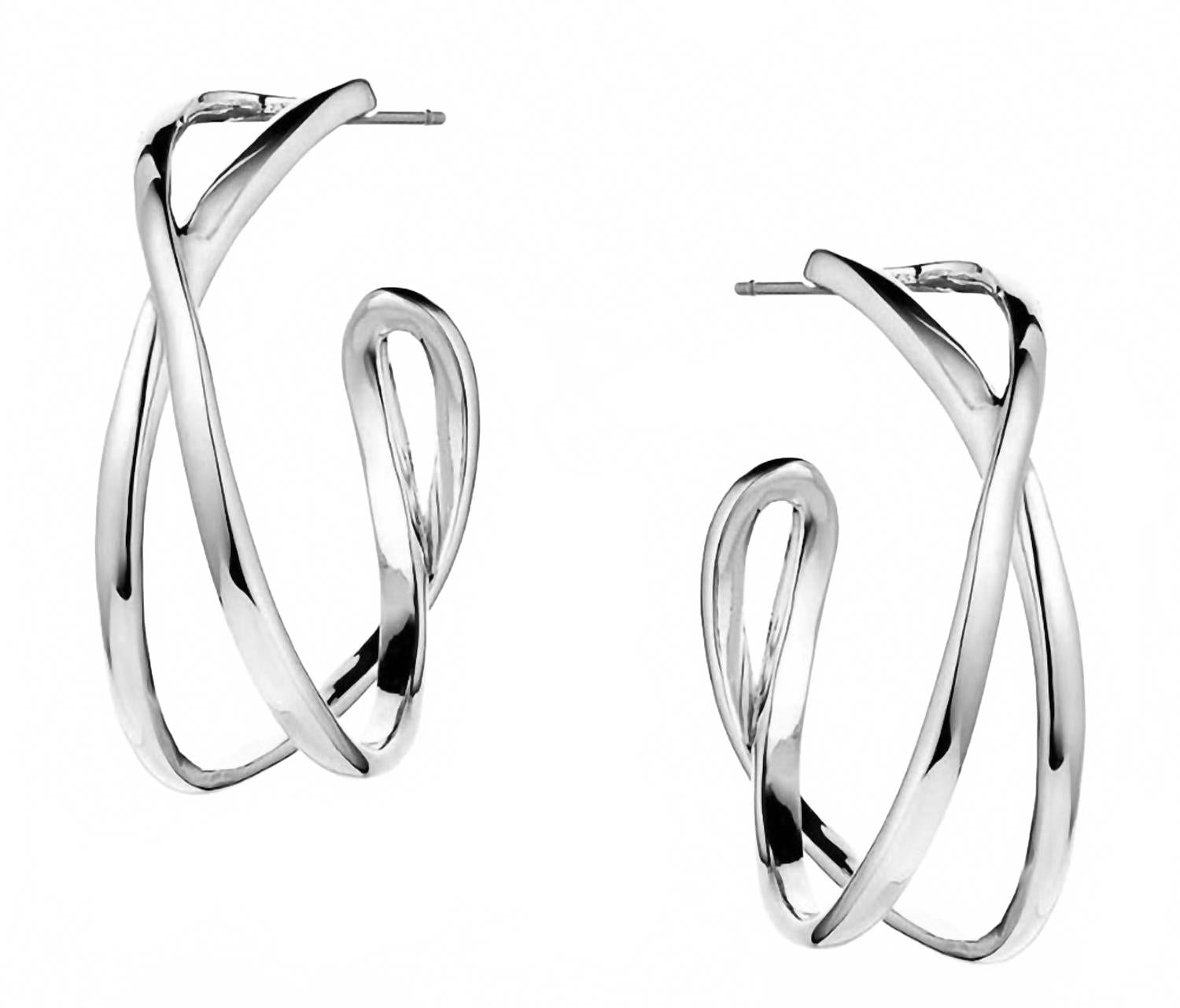 Daring Crossed Post Back Hoop Earrings In Silver