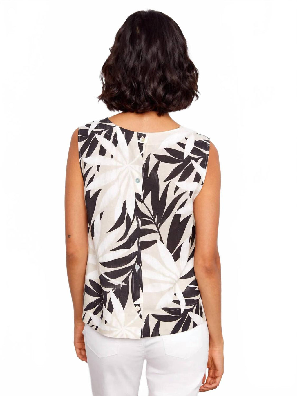 Leaflet Print Linen Blend Sleeveless Blouse In Black