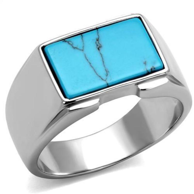 High polished (no plating) Stainless Steel Ring with Synthetic Imitation Amber in Sea Blue