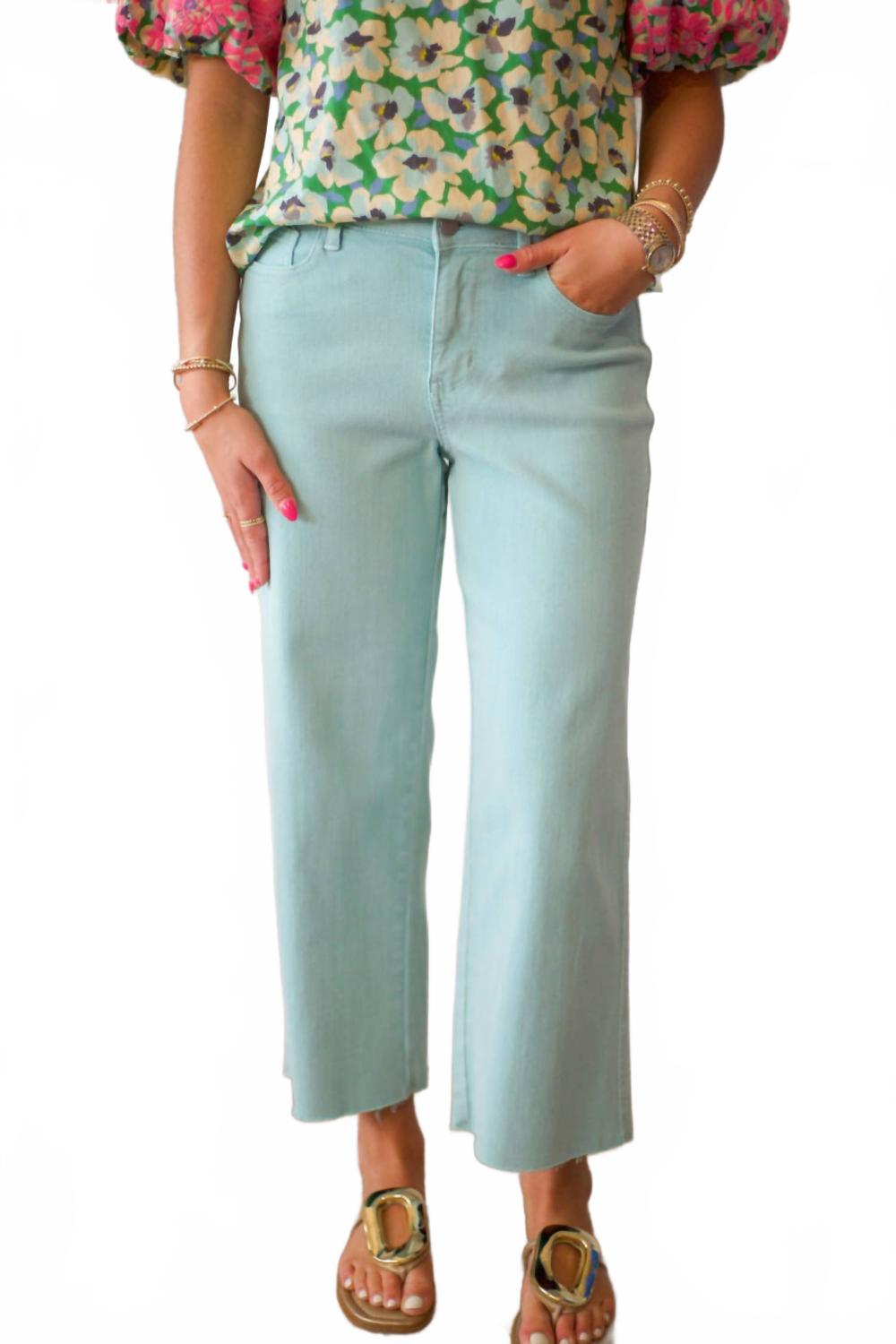 High Waist Garment Dyed Raw Hem Crop Jean In Light Blue Sky