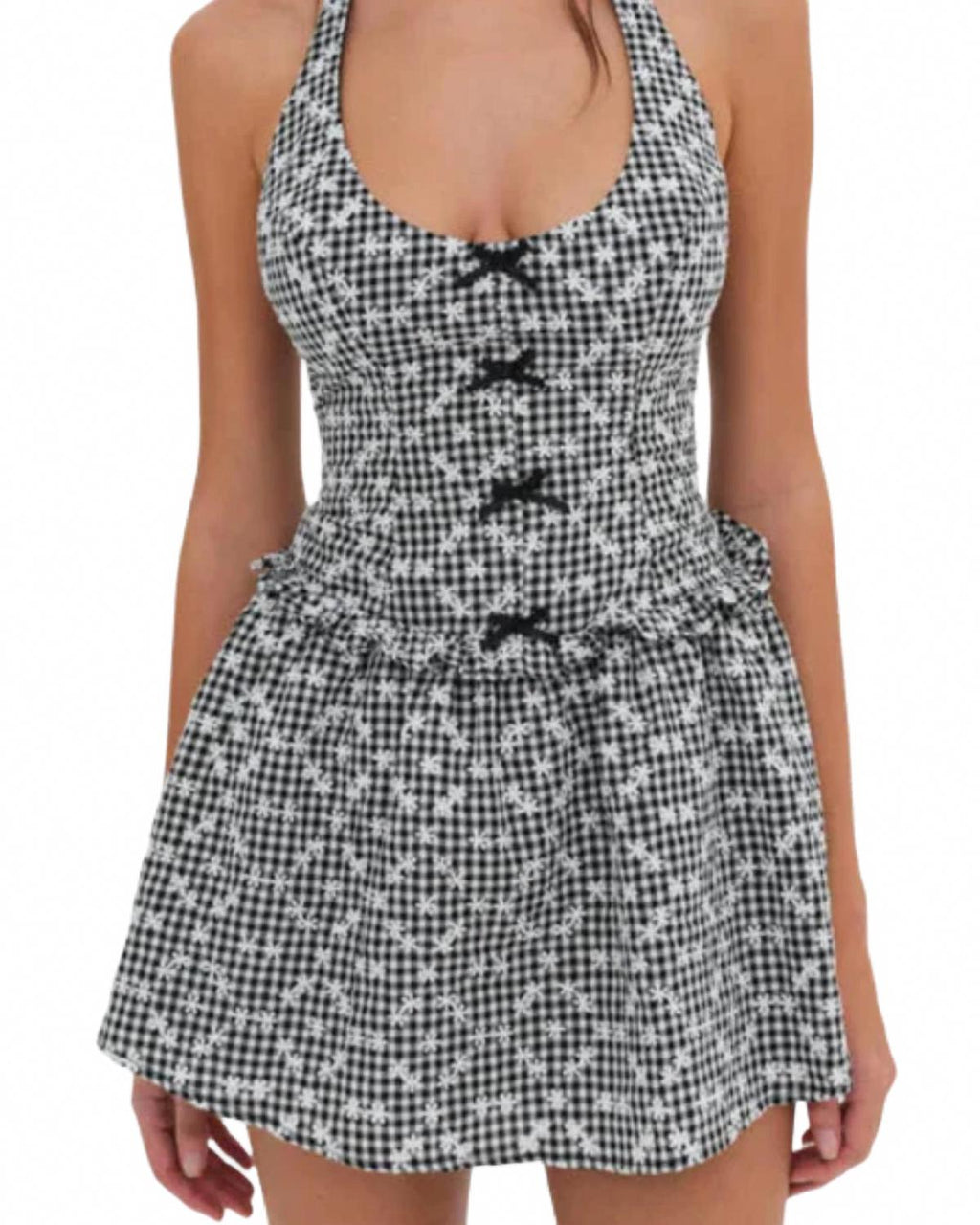 Janice Halter Gingham Mini Dress In Black & White