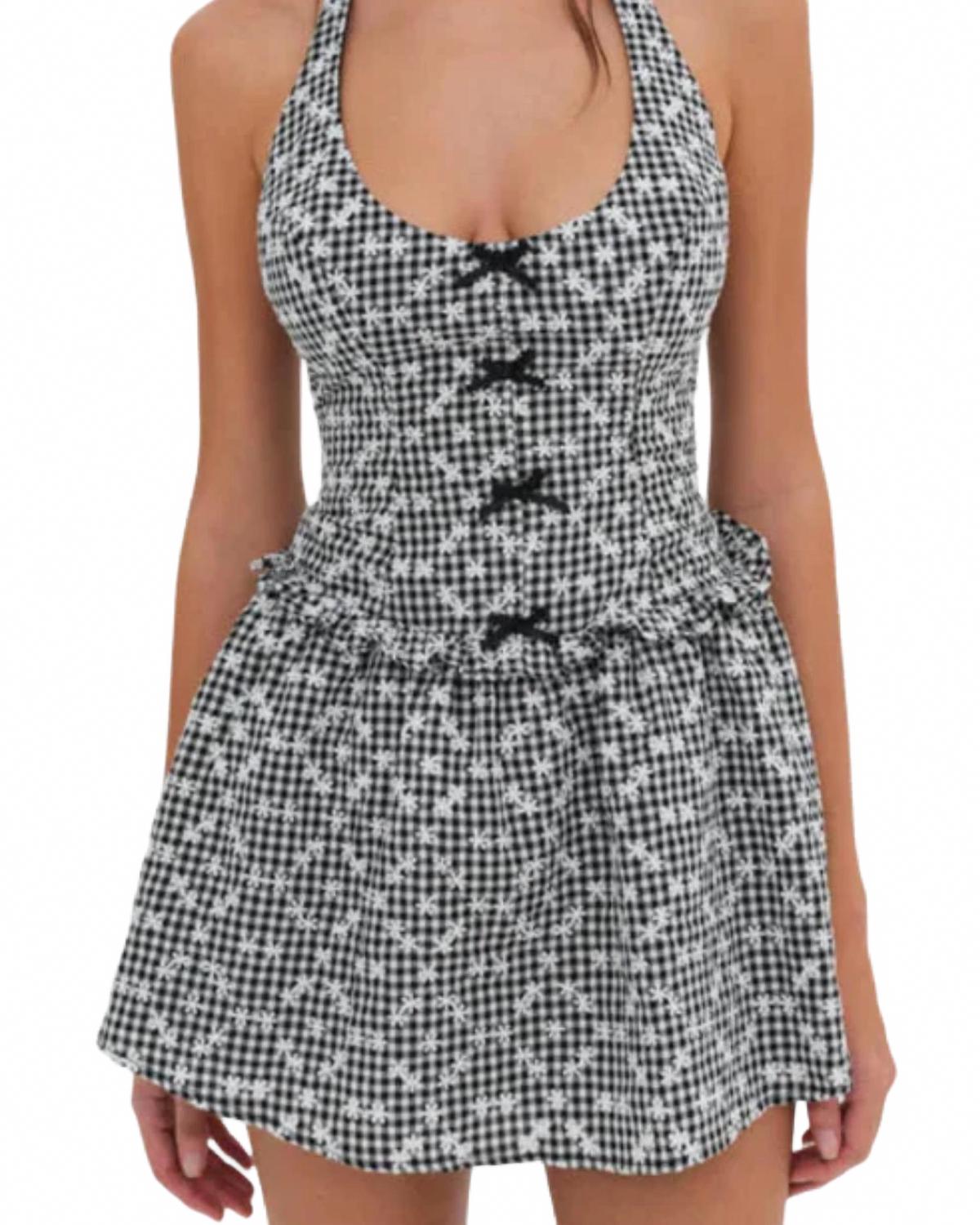 Janice Halter Gingham Mini Dress In Black & White