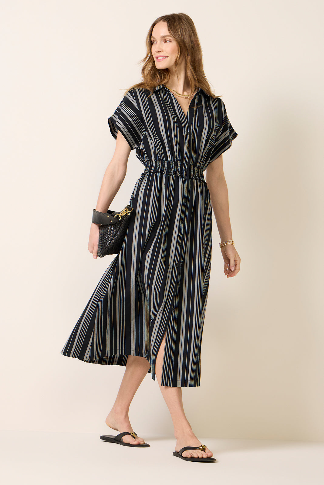Women's Sailor Smocked Waist Midi Shirt Dress