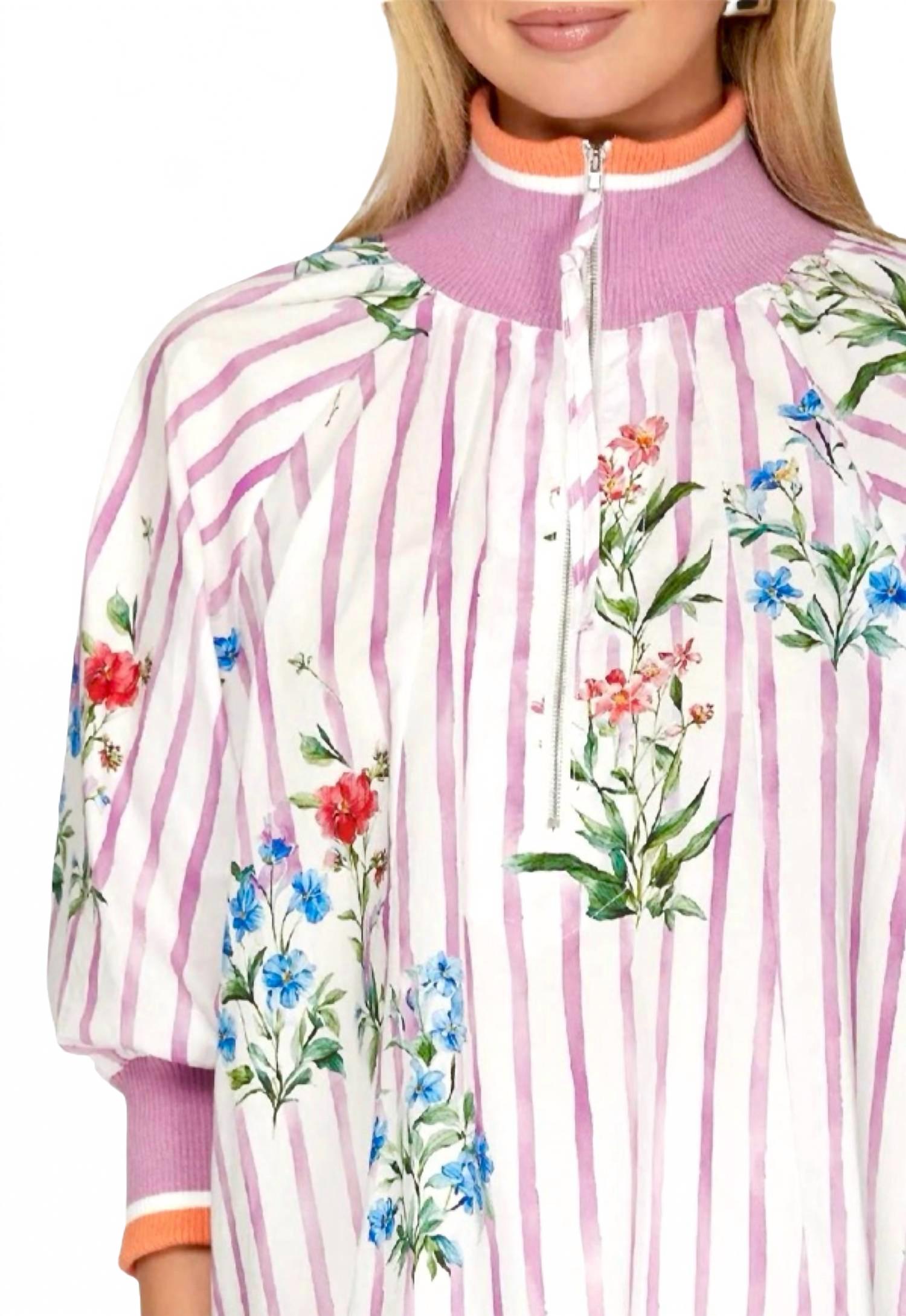 Printed Half Zip Top In Violet Multi