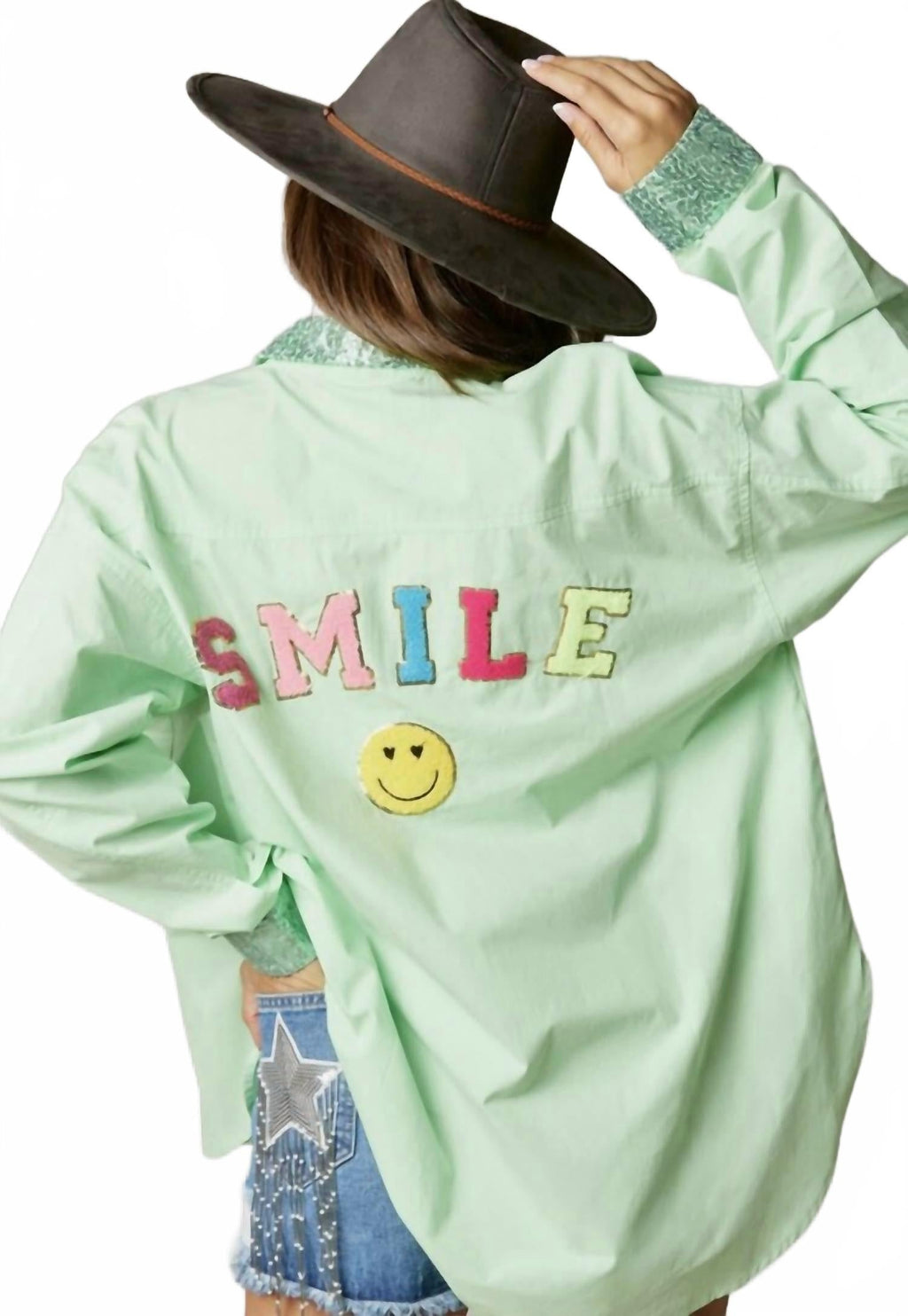 Women's Smile Sequin Patch Shirt In Apple Green