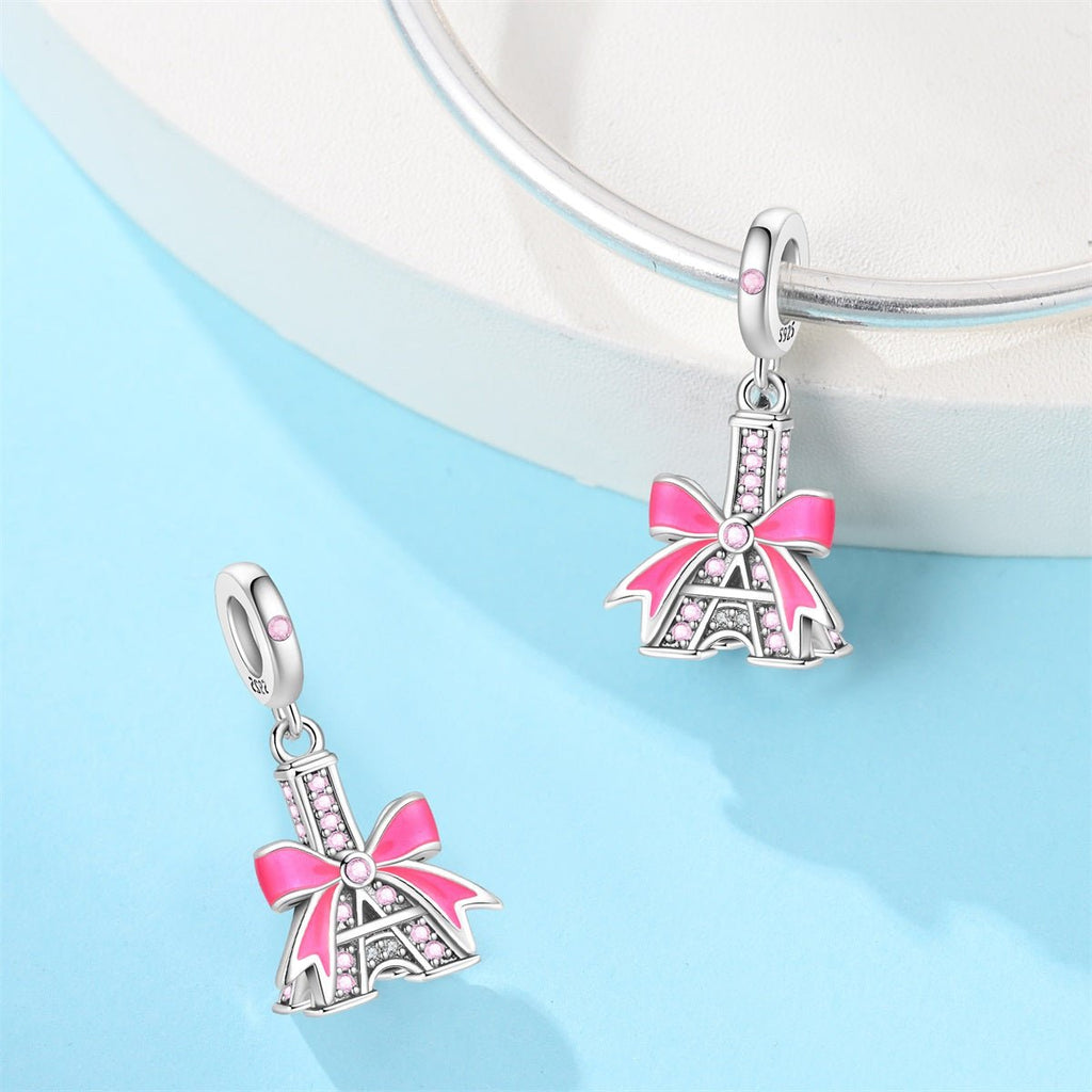 Eiffel Tower with Pink Bow Dangle Charm
