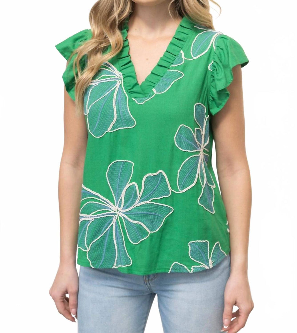 Applique Floral Ruffle Top In Green