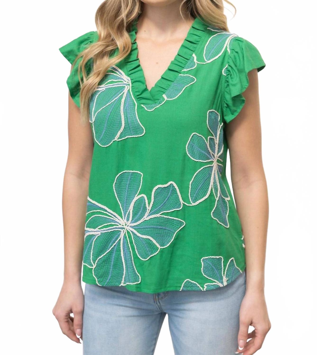 Applique Floral Ruffle Top In Green
