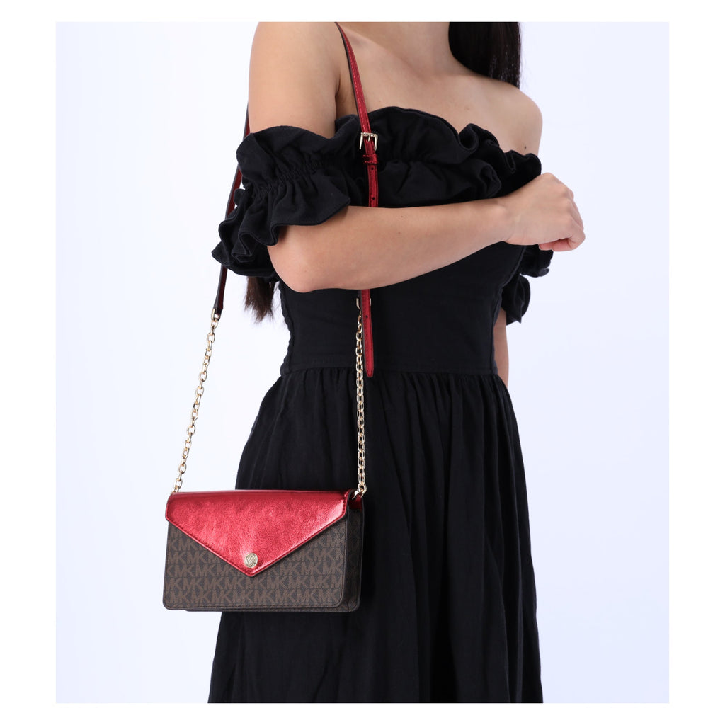 Michael Kors Jet Set Travel Small Signature Clutch Crossbody Brown Crimson Red