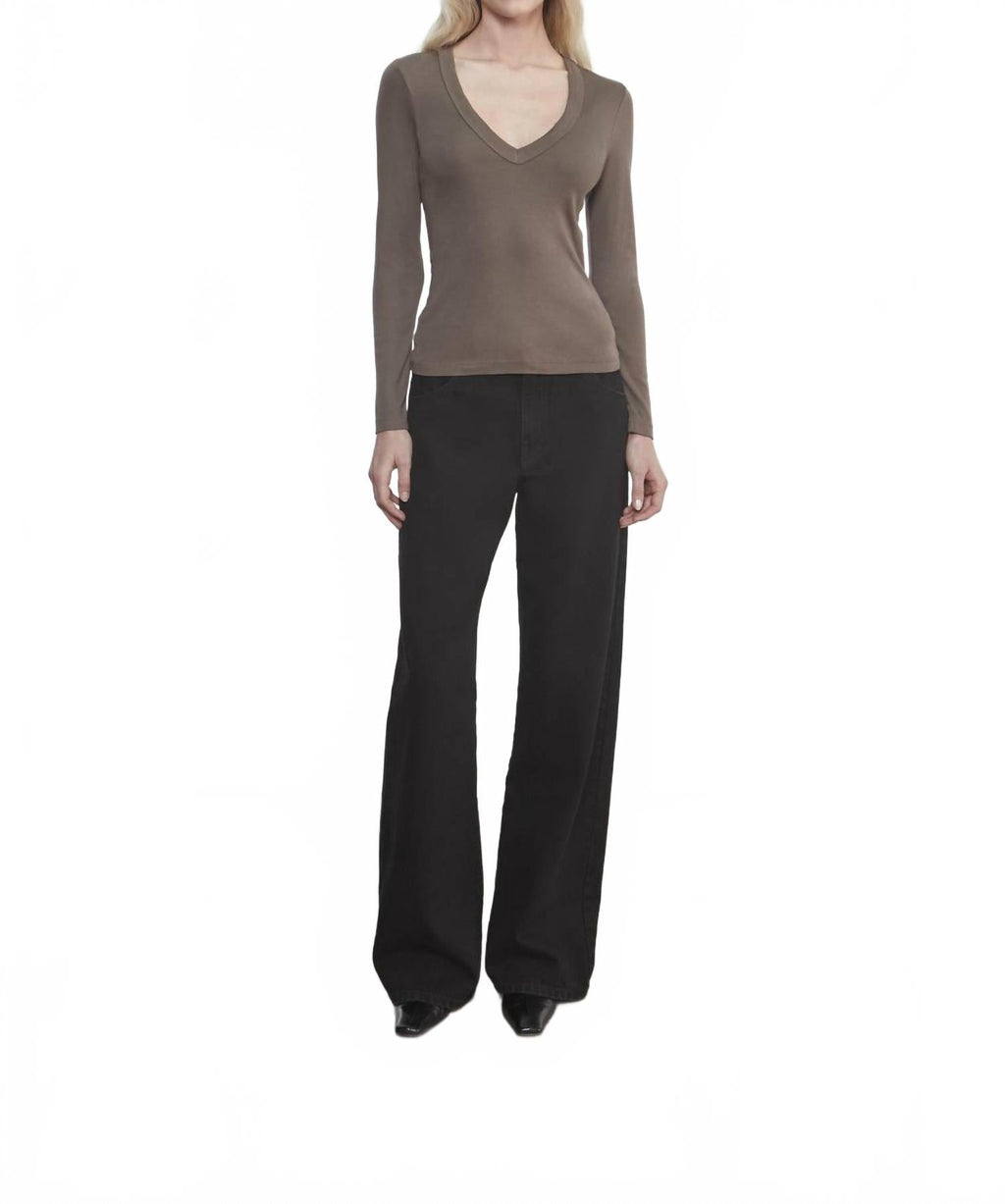 Supima Cotton New Classic Long Sleeve V-Neck Top In Mushroom