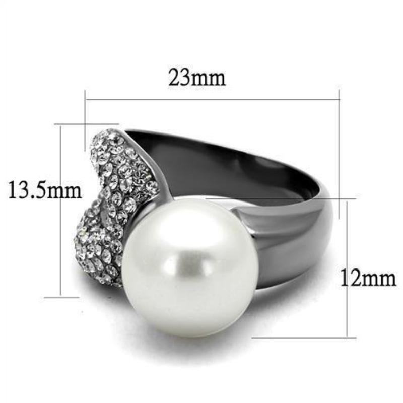 IP Light Black Stainless Steel Ring with Synthetic Pearl in White