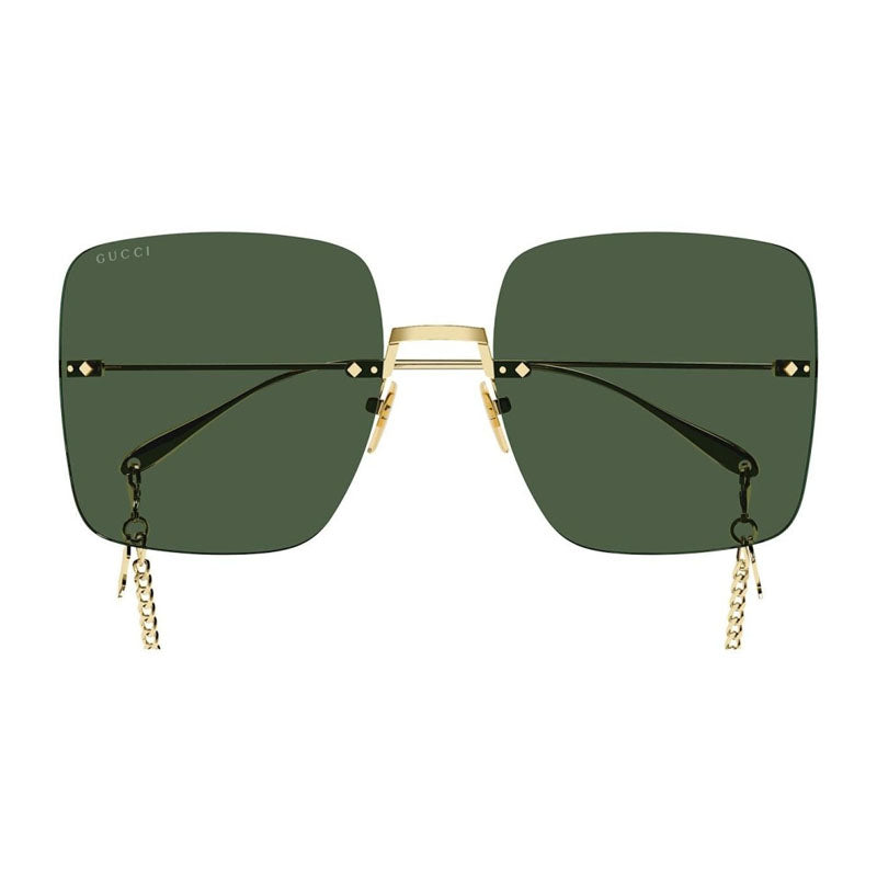 Gucci Sunglasses Butterfly Full Rim, Gold Frame And Dark Green With Gold Chain Lens Gg1147S002