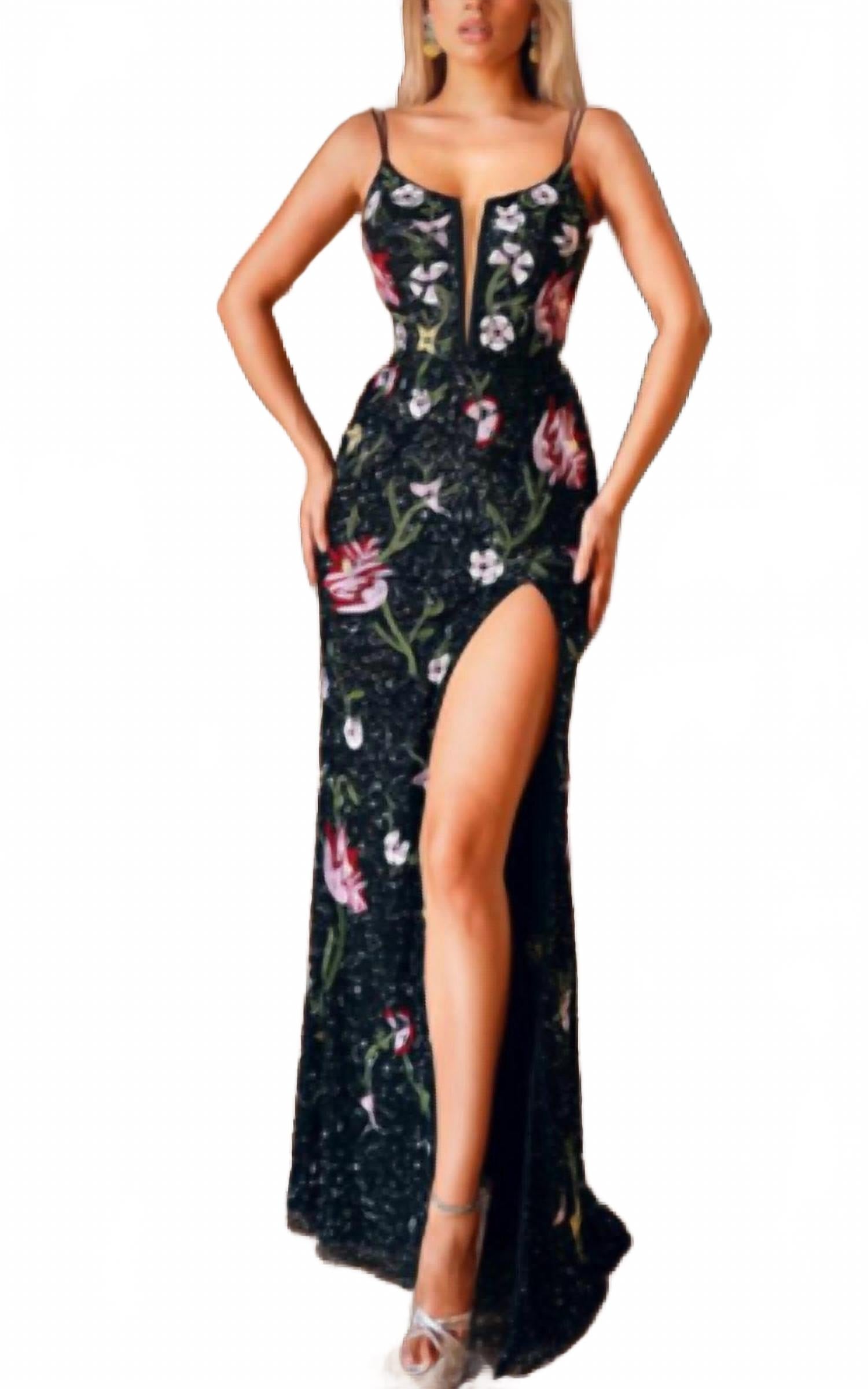 Hand-Beaded Floral Dress In Black/multi